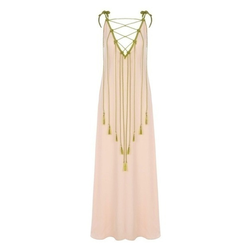 My Beachy Side Monarch Maxi Dress Pink Olive Green Crochet Tassel Resortwear M - Picture 6 of 10